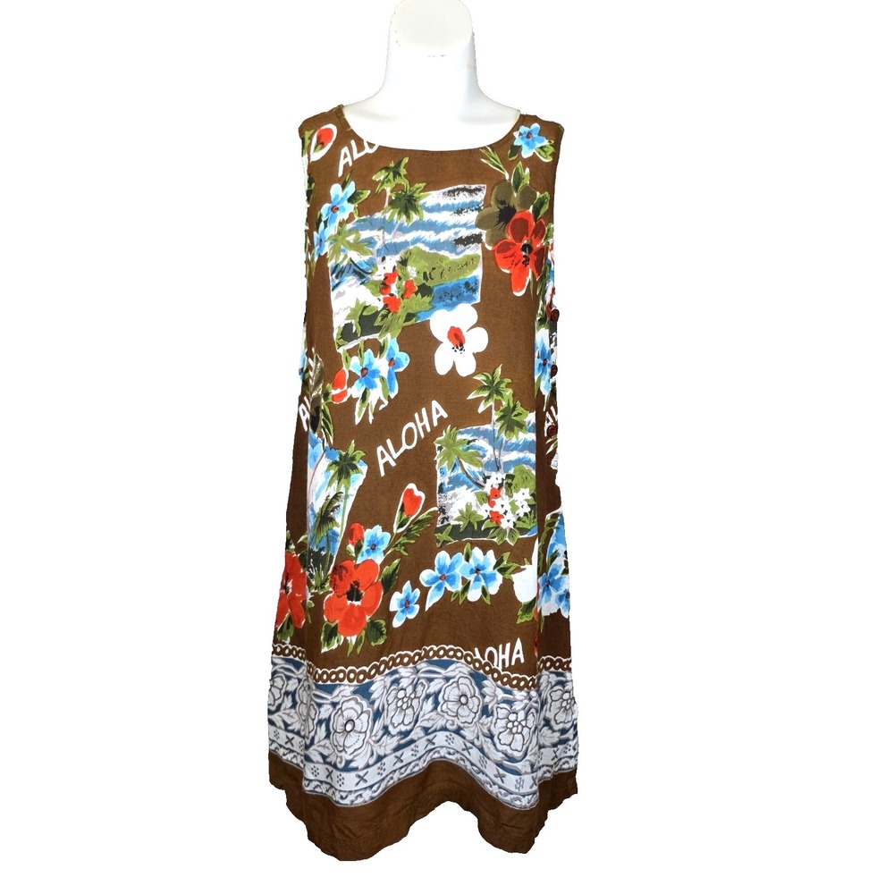 Vtg 90s DEE-DEE'S Aloha Postcard Rayon Shift Dress Brown Tropical Tiki Border M